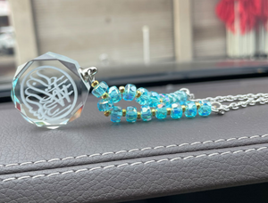 Bismillah Engraved Crystal Muslim Car Hanging with light blue beads