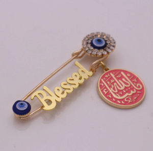 Mashallah Blessed Turkish Evil Eye Pink & Golden Islamic Brooch Baby Pin