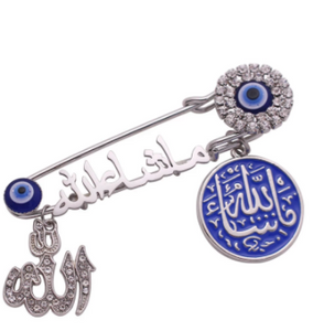 ALLAH Mashallah Turkish Evil Eye Stainless Steel Silver & Blue Islamic Brooch Baby Pin