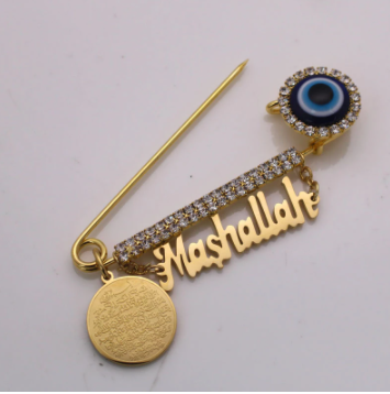 Mashallah Ayatul Kursi Turkish Evil Eye Stainless Steel Golden Islamic Brooch Baby Pin