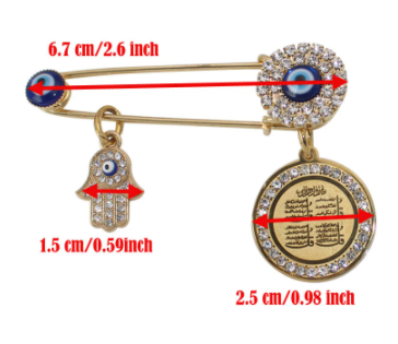 Hamsa Hand Four Qul Surah Turkish Evil Eye Scarf Hijab Crystal Stainless Steel brooch Baby Pin