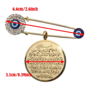 Ayatul Kursi Evil Eye Stainless Steel Golden Scarf Hijab White Crystal Islamic Brooch Baby Pin