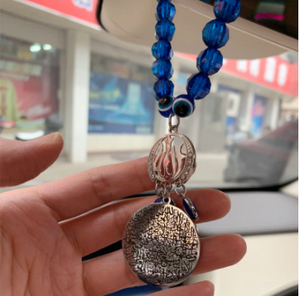 Beautifully Engraved Ayatul Kursi Car Rear View Mirror Stainless Steel Blue Beads Car Pendant Hanging