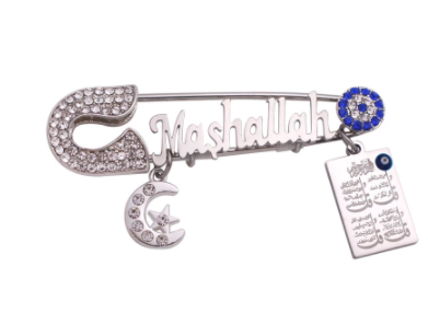 Mashallah Four Qul Surah Turkish Evil Eye Stainless Steel Blue & White Crystals Islamic Brooch Baby Pin