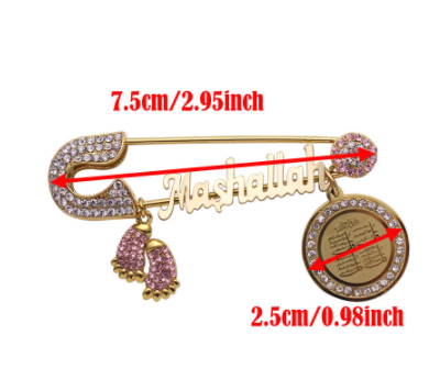 Mashallah Four Qul Surah Stainless Steel Golden With White & Pink Crystals Islamic Brooch Baby Pin