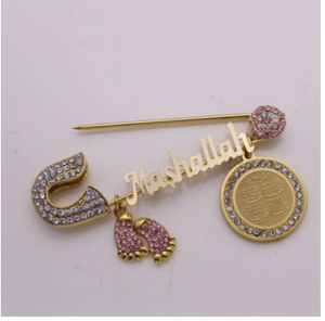 Mashallah Four Qul Surah Stainless Steel Golden With White & Pink Crystals Islamic Brooch Baby Pin