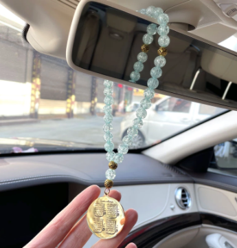 Four Qul Surah Car Rear View Mirror Stainless Steel Golden With Blue Beads Car Pendant Hanging