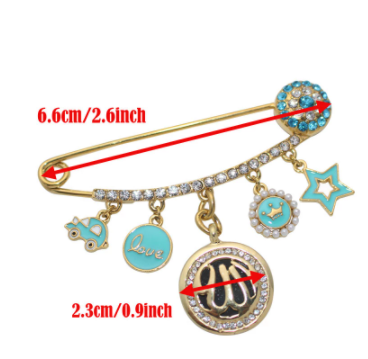 ALLAH Stainless Steel Blue & Golden With Crystals Islamic Brooch Baby Pin
