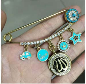 ALLAH Stainless Steel Blue & Golden With Crystals Islamic Brooch Baby Pin