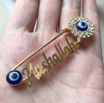 Mashallah Turkey Evil Eye Stainless Steel Golden & Blue With White Crystals Islamic Brooch Baby Pin
