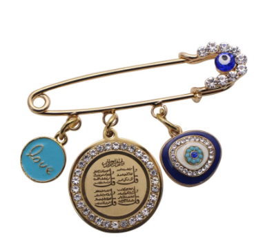 Four Qul Surah Turkish Evil Eye Stainless Steel Golden & Blue With White Crystals Islamic Brooch Baby Pin