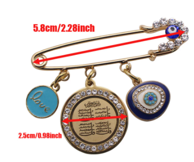 Four Qul Surah Turkish Evil Eye Stainless Steel Golden & Blue With White Crystals Islamic Brooch Baby Pin