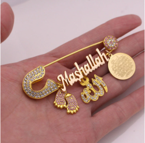 ALLAH Mashallah Ayatul Kursi Stainless Steel Golden With White & Pink Crystals Islamic Brooch Baby Pin