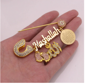 ALLAH Mashallah Ayatul Kursi Stainless Steel Golden With White & Pink Crystals Islamic Brooch Baby Pin