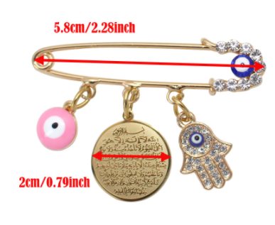 Ayatul Kursi Hamsa Hand Pink Evil Eye Stainless Steel White Crystals Islamic Brooch Baby Pin