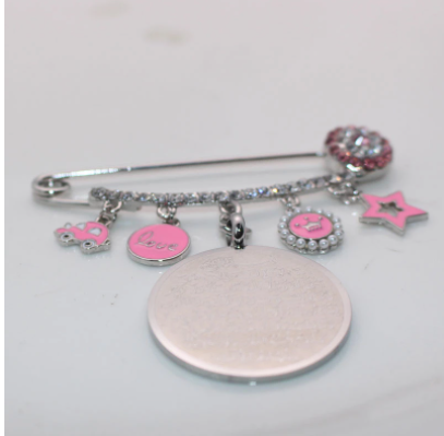 Ayatul Kursi Stainless Steel Silver & Pink With Crystals Islamic Brooch Baby Pin