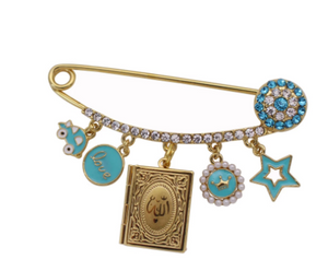 ALLAH Quran Shape Stainless Steel Blue & Golden With Crystals Islamic Brooch Baby Pin