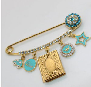 ALLAH Quran Shape Stainless Steel Blue & Golden With Crystals Islamic Brooch Baby Pin
