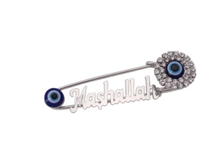 Mashallah Turkish Evil Eye Stainless Steel Silver & Blue With Crystals Islamic Brooch Baby Pin