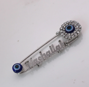 Mashallah Turkish Evil Eye Stainless Steel Silver & Blue With Crystals Islamic Brooch Baby Pin