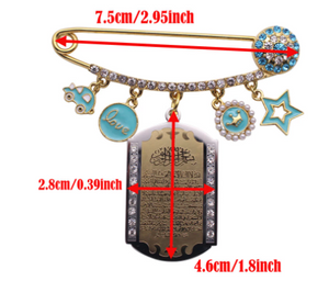 Ayatul Kursi Star King Love Stainless Steel Blue & Golden With Crystals Islamic Brooch Baby Pin