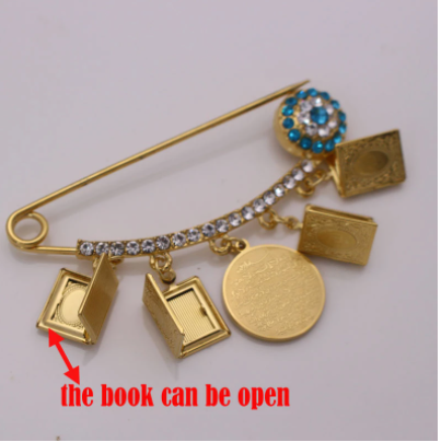 Ayatul Kursi Quran Shape Books Stainless Steel Golden With Crystals Islamic Brooch Baby Pin