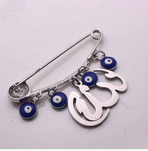 ALLAH Turkish Evil Eye Stainless Steel Blue Black & Silver With Crystals Islamic Brooch Baby Pin