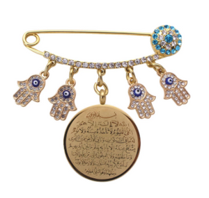 Ayatul Kursi Hamsa Hand Evil Eye Golden With Blue & White Crystals Stainless Steel Islamic Brooch Baby Pin