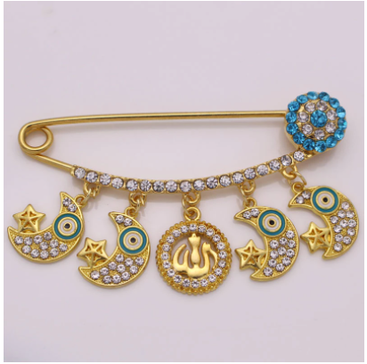 ALLAH Crescent Moon Evil Eye with Crystals Islamic Brooch - Gold