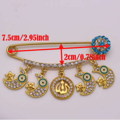 ALLAH Crescent Moon Evil Eye with Crystals Islamic Brooch - Gold