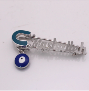 Mashallah Stainless Steel Islamic Silver & Blue Brooch Baby Pin