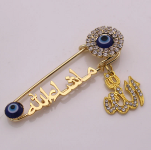 ALLAH Mashallah Evil Eye Stainless Steel Golden With Crystals Islamic Brooch Baby Pin