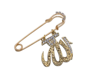 Allah Stainless Steel Golden With White Crystals Islamic Brooch Pin