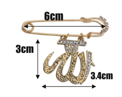 Allah Stainless Steel Golden With White Crystals Islamic Brooch Pin