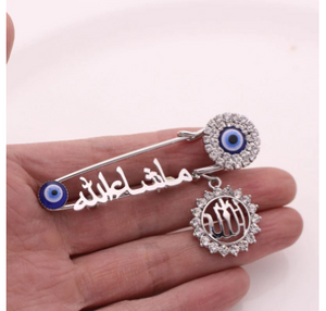 ALLAH Mashallah Evil Eye Stainless Steel Silver With Crystals Islamic Brooch Baby Pin