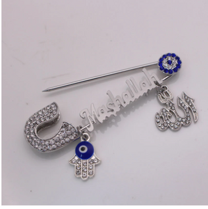ALLAH Mashallah Hamsa Hand Evil Eye Stainless Steel Crystals Islamic Brooch Baby Pin