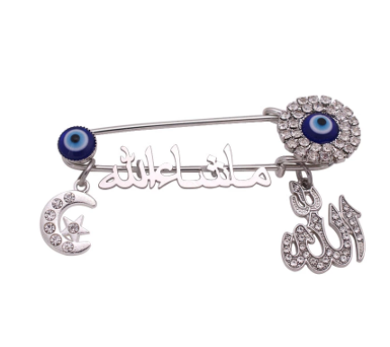 ALLAH Mashallah Crescent Moon Star Evil Eye Stainless Steel Silver With Crystals Islamic Brooch Baby Pin