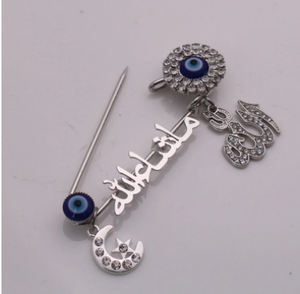 ALLAH Mashallah Crescent Moon Star Evil Eye Stainless Steel Silver With Crystals Islamic Brooch Baby Pin