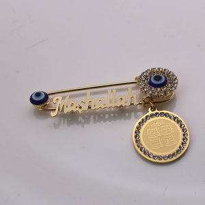 Muslim 4 Four Qul Mashallah in English Islamic Brooch Crystal Diamante Blue Eye Hamsa Jewellery