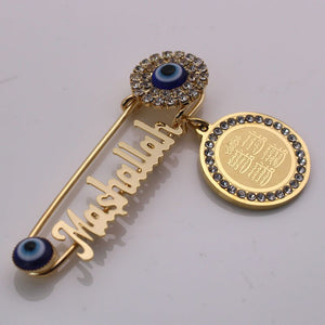 Muslim 4 Four Qul Mashallah in English Islamic Brooch Crystal Diamante Blue Eye Hamsa Jewellery