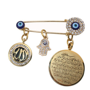 Ayatul Kursi ALLAH الله Islamic Brooch Broach Hand of Fatima Gold